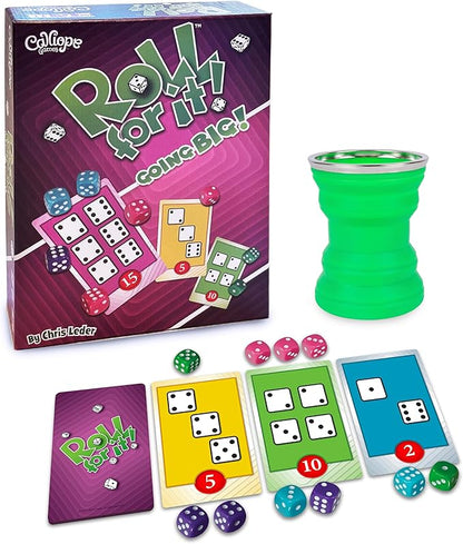 Calliope Games Roll for It Going Big - Fast-Playing Family Dice Game with Big Oversized Cards and Dice, Retirement Party Games, Fun Family Games for Travel, Parties, and Game Night - Purple Edition