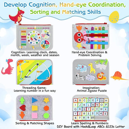 Esjay Toddler Busy Board Montessori Toys for Boys Girls, Sensory Board Educational Activities for Learning Fine Motor Skills, Birthday Gifts for Toddlers, Travel Toys for Airplane Car,Grey Dinosaur