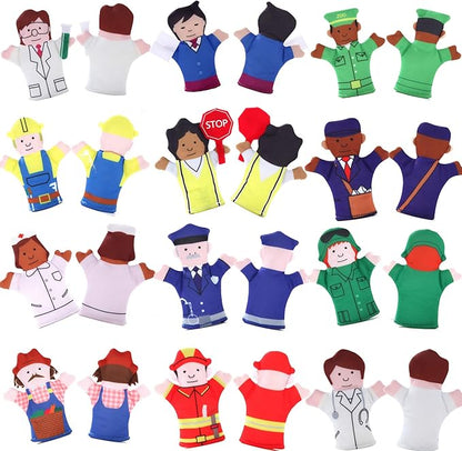 Happy Helpers Finger Puppets 12-Piece Set - Teach and Learn with a Variety of Neighborhood People Characters - Free Bonus E-Book - for Families, Children, Kindergarten, Play and ESL