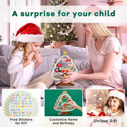 Wooden Christmas Piggy Bank for Kids, Christmas Tree Piggy Bank with Acrylic Panels, Unbreakable Toddler Money Box for Boys Girls, DIY Safe Coin Bank with Letter Sticker, Christmas, Birthday Gift