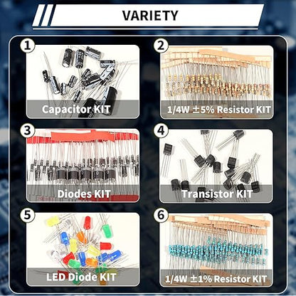 1910Pcs Electronic Component Kit Resistor Electrolytic Capacitor Schottky Diodes LED Diode Transistor Electronics Components Assortment for DIY Project
