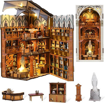 DIY Book Nook Kit, Miniature Dollhouse Booknook Kit, 3D Wooden Puzzle for Teens and Adults, Bookend Bookshelf Insert with LED Light (Public Library)