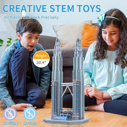 3D Puzzles for Adults & Kids, Petronas Twin Towers City Architecture Building Model Kit, 3-D Jigsaw Puzzles DIY STEM Desk Toys Christmas Birthday Gift for Hobbyist Teens Boys Girls 10-12-14, 130 PCS