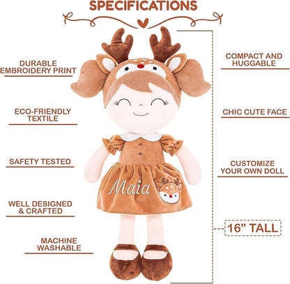 Gloveleya Personalized Doll with Embroidered Name - Brown Deer Custom Plush Doll for Girls Cute Plush Doll Customized Gift - Muñecas de Trapo Personalizadas para Niñas