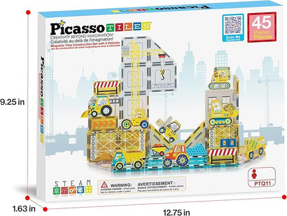 PicassoTiles Magnet Tiles Magnetic Building Blocks with 8 Construction Vehicles Crank Truck Excavator Bulldozer Road Roller Concrete Mixer Tractor Dump Truck Forklift Toys Learning Kids Ages 3+ PTQ11