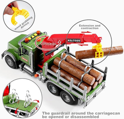 Dwi Dowellin Kids Toys for 3 4 5 6 7 Years Old Boys,15" Large Timber Truck with Loading Crane and 6 Trunks,Birthday Gifts for Boy Toddler Child