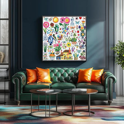 500 Piece Jigsaw Puzzle for Adults Vibrant Garden Scene Cute Butterflies Flowers Birds House Whimsical Doodle Collage Garden Charming Cartoon Art Challenging Yet Relaxing, 20x20 Inch Artwork