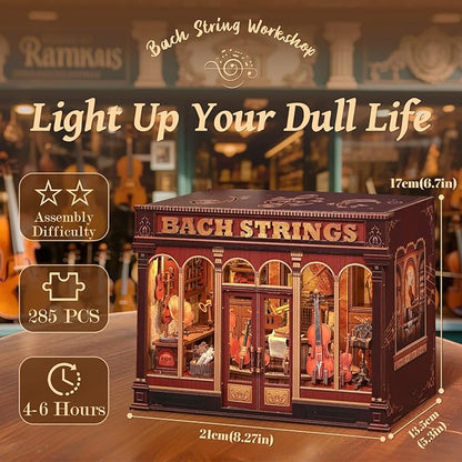 Fsolis Book Nook Kit - DIY Scene Miniature Dollhouse Kit for Adults, Shelf 3D Puzzles 285 pcs, Tiny House Mini Music Shop Model Booknook Craft Bookshelf Decor Gifts for Women (Bach Strings)