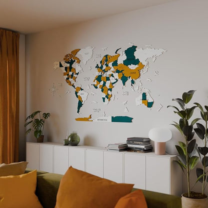 Colorfull Worlds 3D Wooden World Map Wall Art | Unique Wall Decor with Pins for Travel Enthusiasts | Home and Office Wall Décor | Gold-Blue | Large