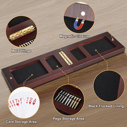 Cribbage Board Game Set, Premium Wooden Board with Magnetic Lock and Built-in Storage, Deck of Cards & 9 Metal Pegs, Fun 2–3 Player Travel Game for Adults and Family