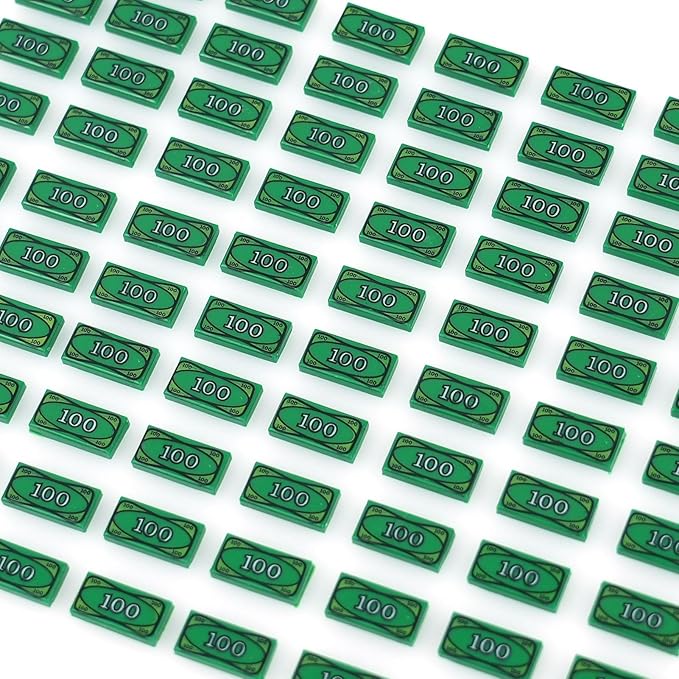 MALEKO Money Tiles Bank Bill Accessories, 80 Pieces 100-Dollar Green 1x2 Tiles, Bulk Building Toy Parts, Compatible with All Major Brands