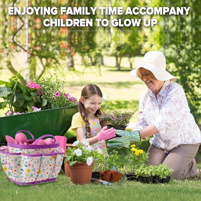 Kids Gardening Set 14Pcs Gardening Tools for Kids with Tote Bag,Watering Can, Shovel, Apron, Garden Book and More Educational STEM Learning Outdoor for Toddlers Boys Girls (Mermaid Rose Red)