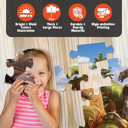 48 Piece Jumbo Dinosaur Floor Puzzle - Large Size (3 x 2 ft) - All Pieces Unique Shape - 25 Realistic Dinos Illustration - Gifts for Boys Girls Toddlers Kids Ages 3-5 2-4 4-6 Year Old