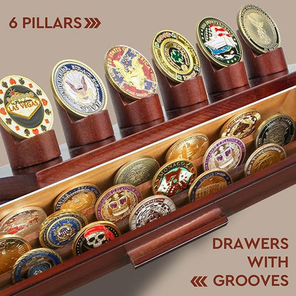 Challenge Coin Display Case, Military Coin Collection Holder with Wooden Coin Box, Drawers, and Clear Acrylic Lid – Gifts for Coins Collectors (6 Pillars)