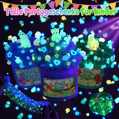 LAWOHO 6 Pack Dinosaurs Slime Kit for Kids - Cloud, Butter, Clear Slimes with Glow in The Dark Add-ins, Green & Blue Dino Slime, Super Soft and Non-Sticky, Birthday Party Favor for Boys & Girls