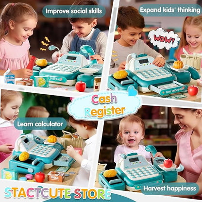 49PCS Pretend Play Cash Register Toy Set for Kids with Real Calculator,Scanner,Microphone,Conveyor Belt,Weighing Tool,Cashier Playset Realistic Gift for Toddler Kid Ages 3 4 5 6 7 8 (Green)