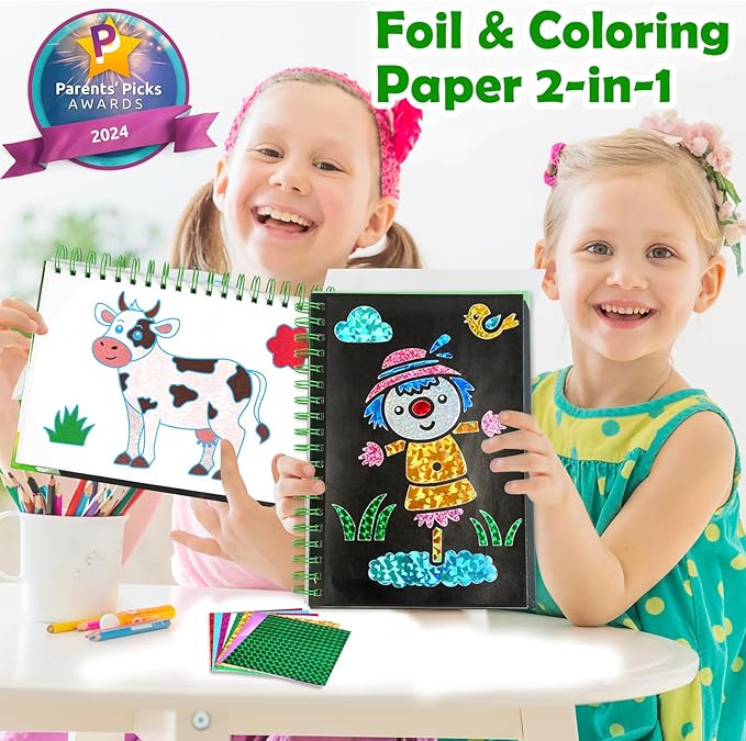 pigipigi Art Craft Activity for Kids: Foil Art Farm DIY Toy Kit, No Mess Creative Travel Supply Set, Idea Birthday Christmas Valentine Gift for Girl Boy Children 3 4 5 6 7 8 9 Year Old