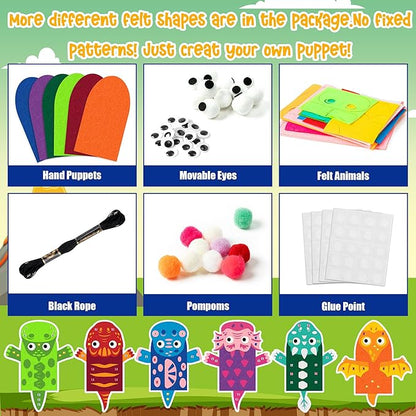 WATINC 6Pcs Hand Puppet Making Kit, Art Craft Felt Sock Puppet Toys, Creative DIY Make Your Own Pompoms Wiggle Googly Eyes Storytelling Role Play Party Supplies Gift for Girls Boys (Dinosaurs B)