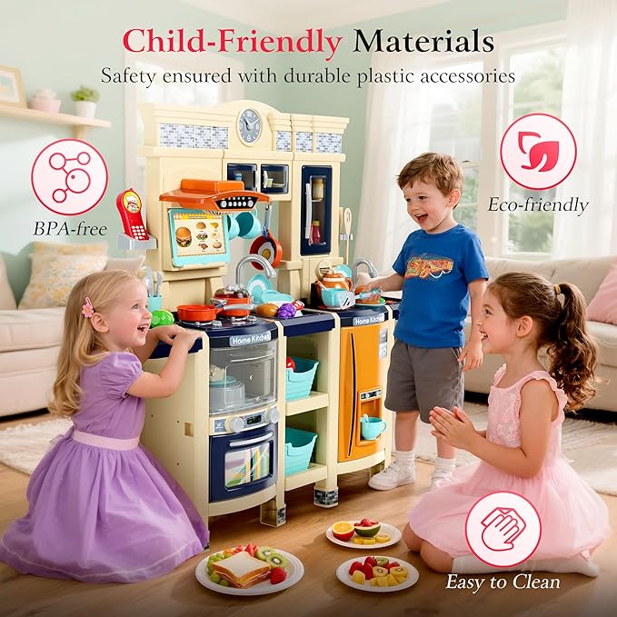 【2025 Upgraded】 Kitchen for Kids Interactive Play Kitchen for Kids Toddlers-Lightweight Easy-Install Pretend Kitchen with Tablet Ordering, Music, Lights Sounds, Steam Stove, Sink & Dishwasher(Blue)