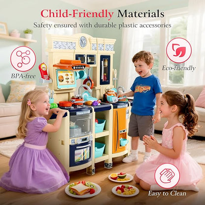 【2025 Upgraded】 Kitchen for Kids Interactive Play Kitchen for Kids Toddlers-Lightweight Easy-Install Pretend Kitchen with Tablet Ordering, Music, Lights Sounds, Steam Stove, Sink & Dishwasher(Blue)
