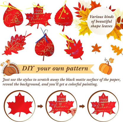 BBTO 50 Pieces Scratch Fall Leaves Colorful Scratch Leaves Paper with Ribbons and Wooden Stylus for Thanksgiving Harvest Party(Red)