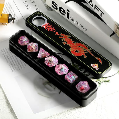 Resin DND Dice, DNDND Handmade Flowers Sharp Edge D&D Die Set with Gift Case for D&D Dungeons and Dragon Tabletop Games (Matt Purple)