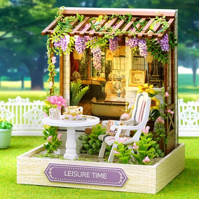 OZJAY DIY Miniature House Kit with Dust Proof Cover, 1:24 Scale Creative Room Mini DIY Wooden Dollhouse Miniature Kit for Adults Teen(Leisure Time)
