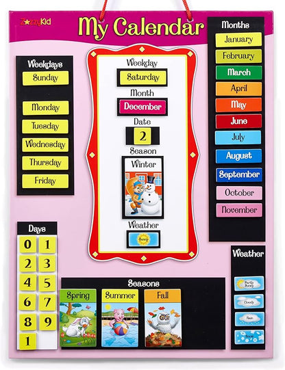 ZazzyKid Magnetic Calendar & Weather Chart for Kids - Preschool Daily Calendar Learning for Days of the Week, Months, Weather & Season Pink