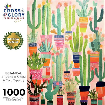 Cross & Glory - Botanical Brushstrokes: A Cacti Tapestry - 1000 Piece Jigsaw Puzzle | Plant Jigsaw Puzzle | Artistic Challenge with Vibrant Satin Finish
