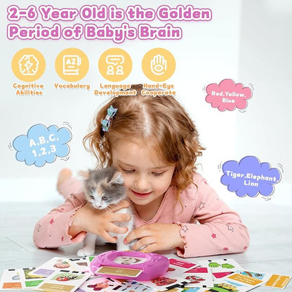 HOMESTEC Toddlers Bilingual Spanish & English Talking Flash Cards with 288 Sight Words, Speech Therapy Toys for 1 2 3 4 5 6 Years Old Boys and Girls, Learning Educational Kids Gifts (Pink)