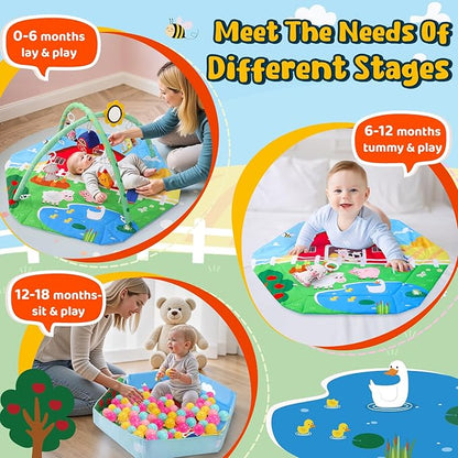 Farm Animal Baby Gym Play Mat, 9-in-1 Tummy Time Mat with 7 Baby Toys, Washable Baby Activity Mat for Visual, Sensory, Motor Development, Newborn Baby Toys Gift for Toddler 0-3-4-6-9-12 Months