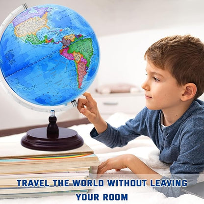 World Globe for Children and Adults, 13 inch Educational Spinning Earth Map with Stand, Self-Assembled Interactive World Globes for Kids Learning, Classroom, Students Desk, Room and Office Decor