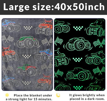 Truck Gifts for Kids Boys - Glow in The Dark Blanket for Sofa Couch Bed Birthday Christmas Easter