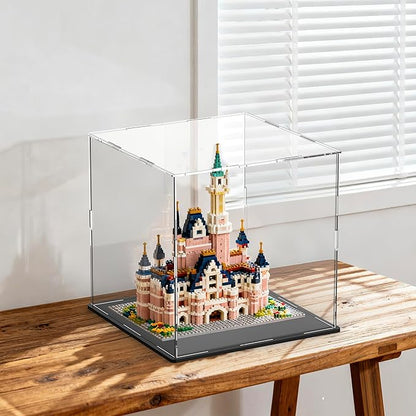 SVENJBB Large Display Case for Collectibles, 13x13x13 Inch Acrylic Box for Miniature House and Figures, Clear Acrylic Display Cases with Matte Black Base for Collection Protection and Storage