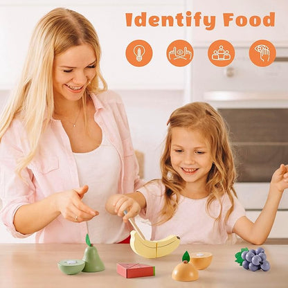 ROBOTIME Wooden Play Food Cutting Fruit Set, Pretend Play Toy Food for Play Kitchen with Shopping Bag – Kids Kitchen Accessories, Wooden Fruit Toys for Kids Boys Girls