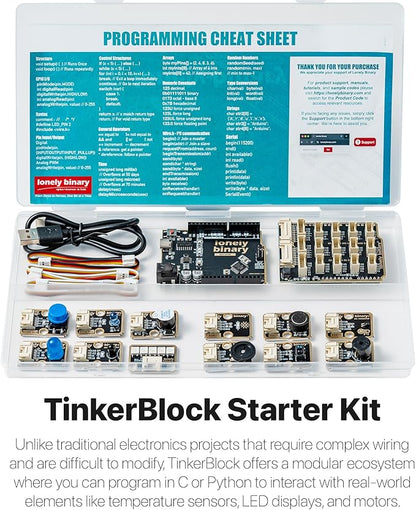 TinkerBlock UNO R3 Starter Kit with 12 Plug-in Sensor Modules, ATmega328P, Extension Board, Compatible with Arduino IDE, STEM & Electronics Learning-No Wiring Needed- Video Tutorials