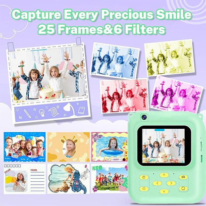 Instant Print Camera for Kids, 1080P Video Camera with 3 Print Rolls, 32GB Card & Cute Cover, Gift for Girls Boys Age 3-12, Toddler Digital Camera with Games, Filters, Music – Green