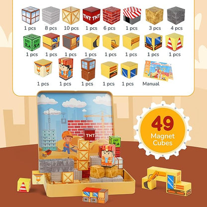49PCS Mini Magnetic Blocks Construction Set – STEM Building Toys for Toddlers, Travel Magnet Cubes with Portable Iron Box, Creative 3D Construction Play for Kids Ages 3–8, Boys & Girls