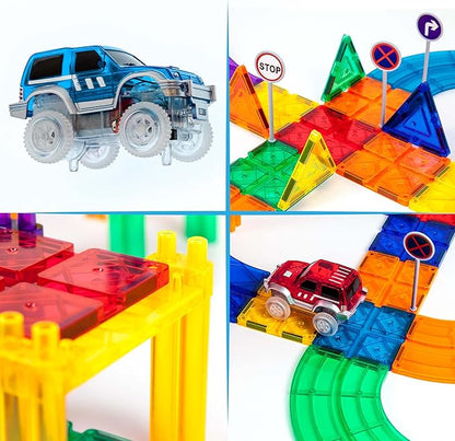 PicassoTiles 50pc Racecar Track Magnetic Tiles Educational Kids Toy with 2 Light Up Trucks STEM Preschool Learning Magnet Tile Toddler Toys Boys Girls Ages 3+ Blocks Game Puzzles Build Playset PTR50