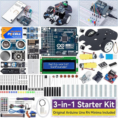 SunFounder Ultimate Starter Kit with Original Arduino Uno R4 Minima, 3 in 1 IoT/Smart Car/Basic Kit with Online Tutorials, for Beginners to Enthusiasts (Original Arduino Uno R4 Minima Included)