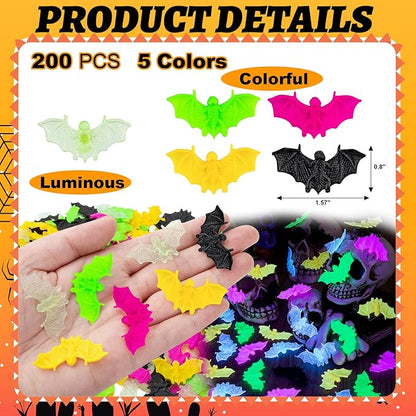 200 Pcs Plastic Bat Halloween Colorfol Mini Bats Small Luminous Bats Cute Fake Bats Creepy Scary Prank Toys for Halloween Decorations Spooky Season Decor (5 Colors)