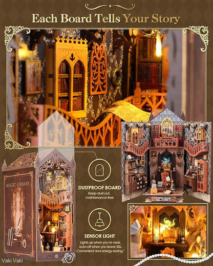[2025 New] Magic Bookstore Book Nook Kit with Dust Cover & LED Light, DIY Miniature House Kit Toy, 3D Wooden Puzzle Bookshelf Decor Building Kit, Birthday Gifts for Family & Friends