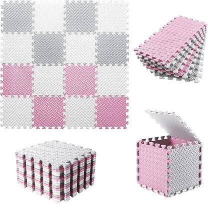 Foam Play Mat for Baby, 0.4 Inch Thick Foam Interlocking Floor Mats, Soft Non-Toxic Baby Playmat, Solid Colored Puzzle Play Mat Kids Floor Mats for Toddler, 16 Tiles(White/Light Gray/Pink)