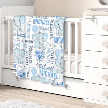Personalized Baby Blanket for Girls Boys Kids Elephant Custom Baby Blanket with Name Throw Birthday Gift for Toddlers Infants Shower Newborns Nursery Stroller Crib Bed Decor