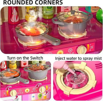 TEMI Pretend Food Kitchen Toys for Girls Age 3 4 5 6 7 8 - Kitchen Accessories Platset with Sound and Light, Cutting Food Toy, Pretend Play for Kids, Indoor Outdoor Cooking Set, Birthday Gifts 8-9