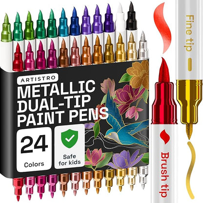 ARTISTRO 24 Metallic Dual Tip Brush + Fine Acrylic Paint Pens Ideal for Calligraphy - Paint Markers for Fabric, Rock, Glass, DIY - Stocking Stuffers, Christmas Gift Idea for Teens, Grandkids, Kids