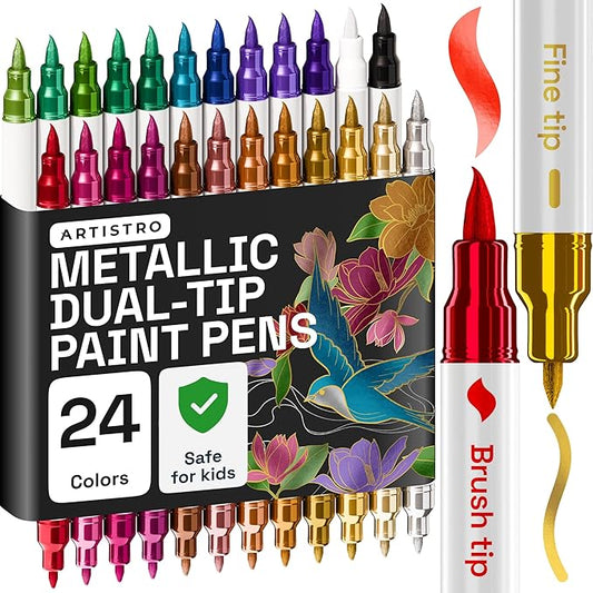 ARTISTRO 24 Metallic Dual Tip Brush + Fine Acrylic Paint Pens Ideal for Calligraphy - Paint Markers for Fabric, Rock, Glass, DIY - Stocking Stuffers, Christmas Gift Idea for Teens, Grandkids, Kids