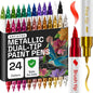 ARTISTRO 24 Metallic Dual Tip Brush + Fine Acrylic Paint Pens Ideal for Calligraphy - Paint Markers for Fabric, Rock, Glass, DIY - Stocking Stuffers, Christmas Gift Idea for Teens, Grandkids, Kids
