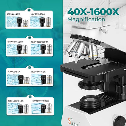 Sinher XSZ-2108A Professional lab Compound Binocular microscopes 40X-2000X Magnification for Kids Students Adults School Lab Home Education with Microscope Slides Set.