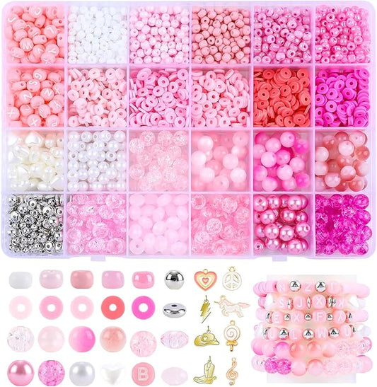 3500Pcs Heishi Bead ，Pink Beads Bracelet Making Kit ，6 Kinds of Unique Pink Glass Seed Bead Friendship Bracelet Beads for Jewelry Making
